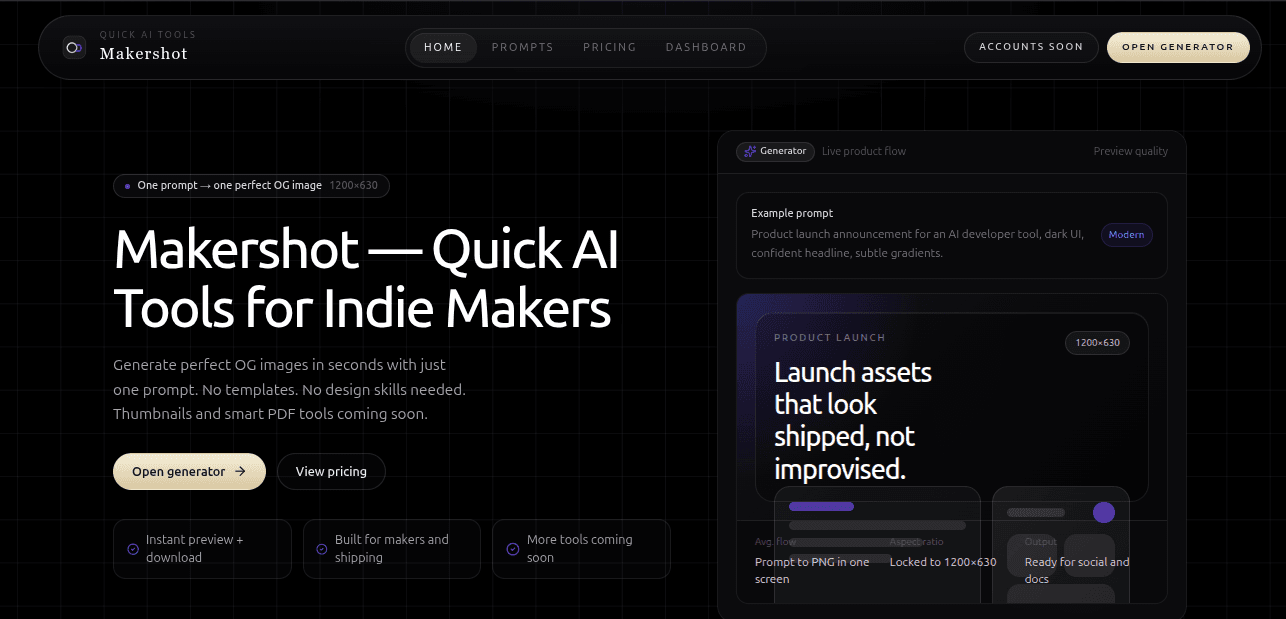 Makershot landing page and OG image generator preview